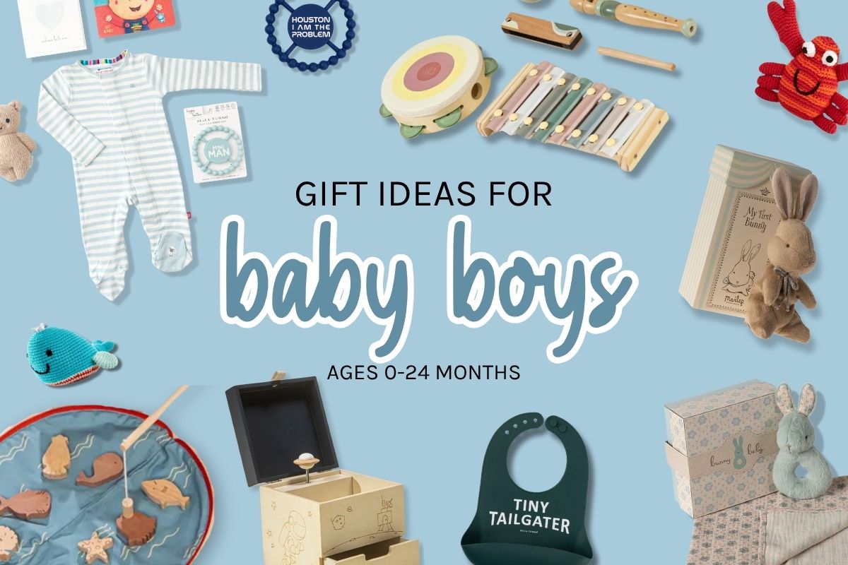 Gift ideas for baby boys ages 0-24 months on a blue background with toys and clothing.