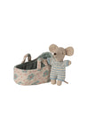 Maileg Blue Baby Mouse in Carry Cot