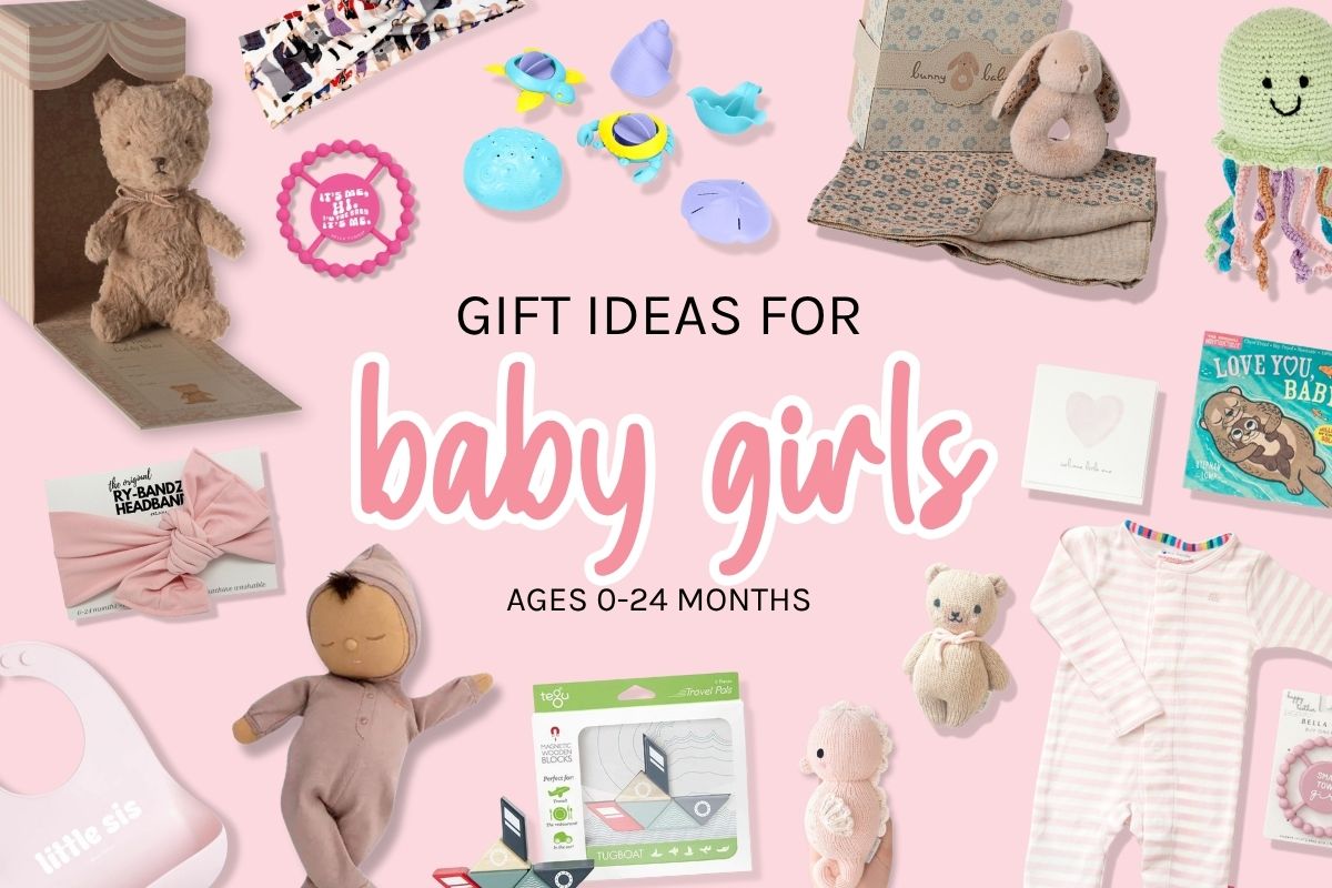 Collection of baby girl gift ideas on a pink background with text indicating ages 0-24 months.