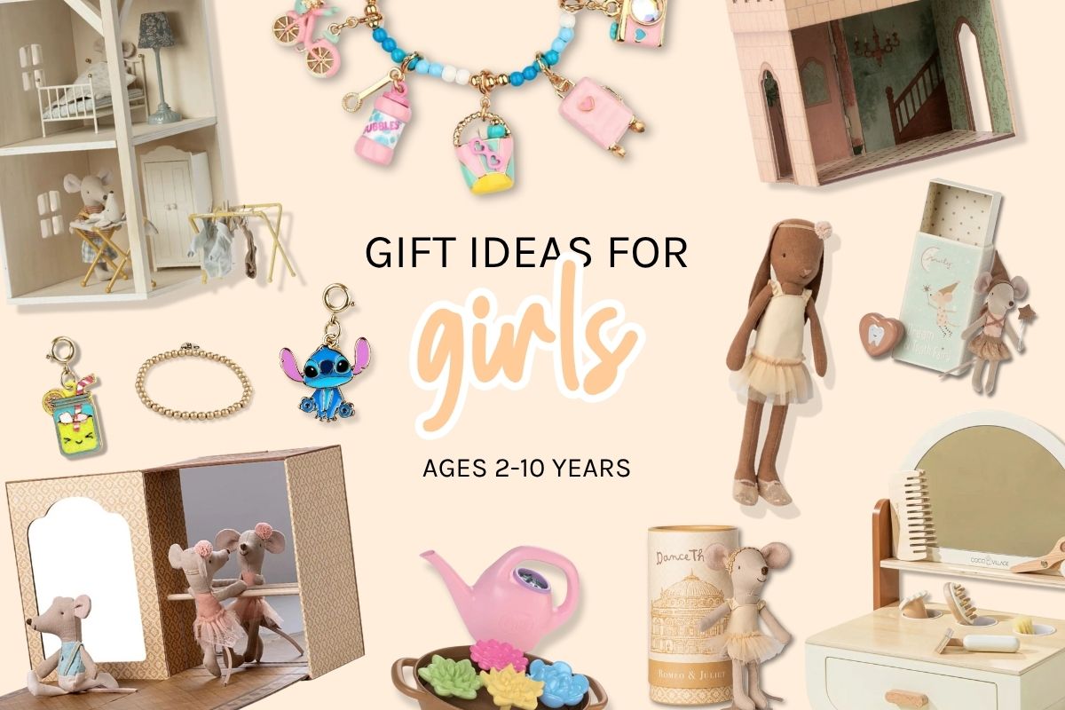 Gift ideas for girls ages 2-10 years displayed on a beige background with various toys and accessories.