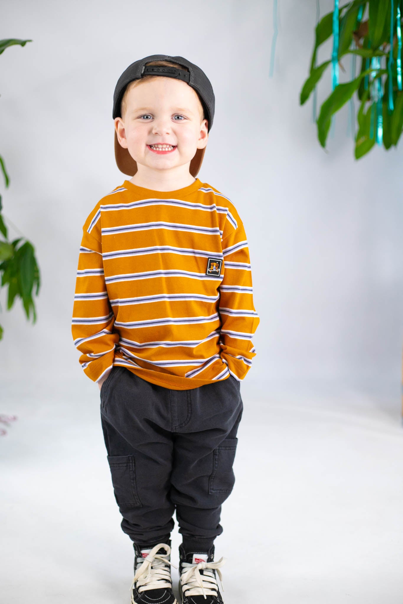 Cartoon Pocket Orange Striped Shirt N Blue Jeans Set