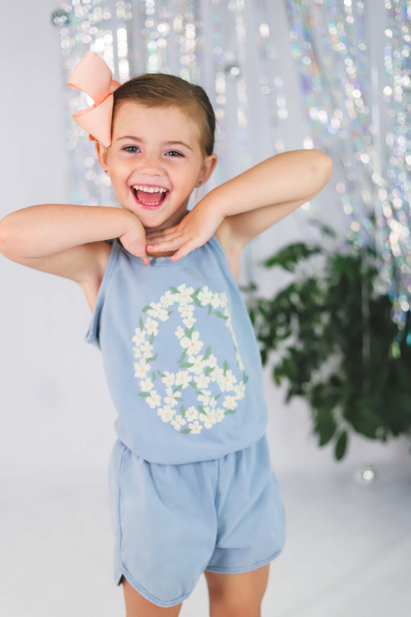 Tiny Whales Mineral Denim Peace Flowers Romper